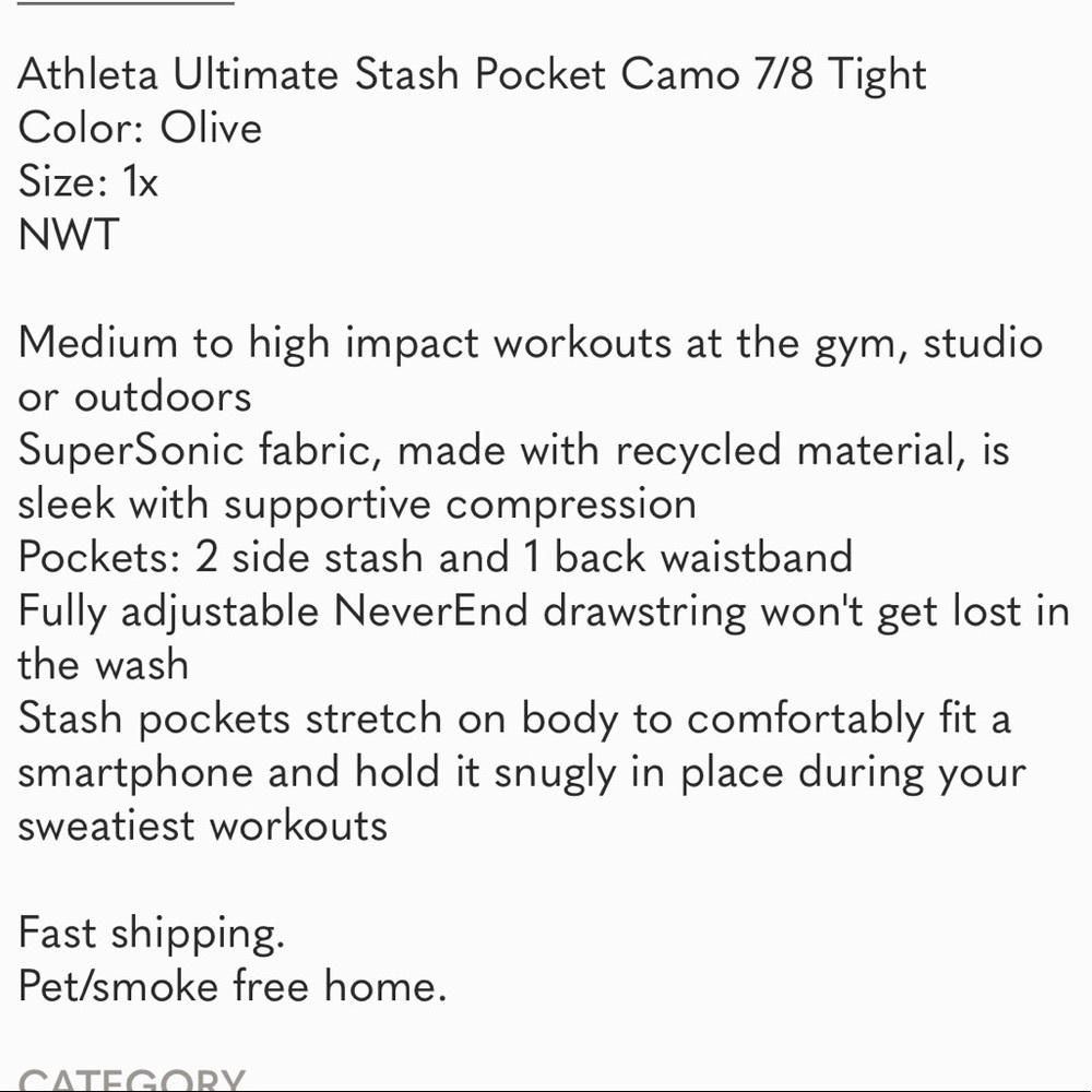 Athleta Ultimate Stash Pocket Camo 7/8 Tight Olive Size 1X and 2X NWT - Picture 6 of 11